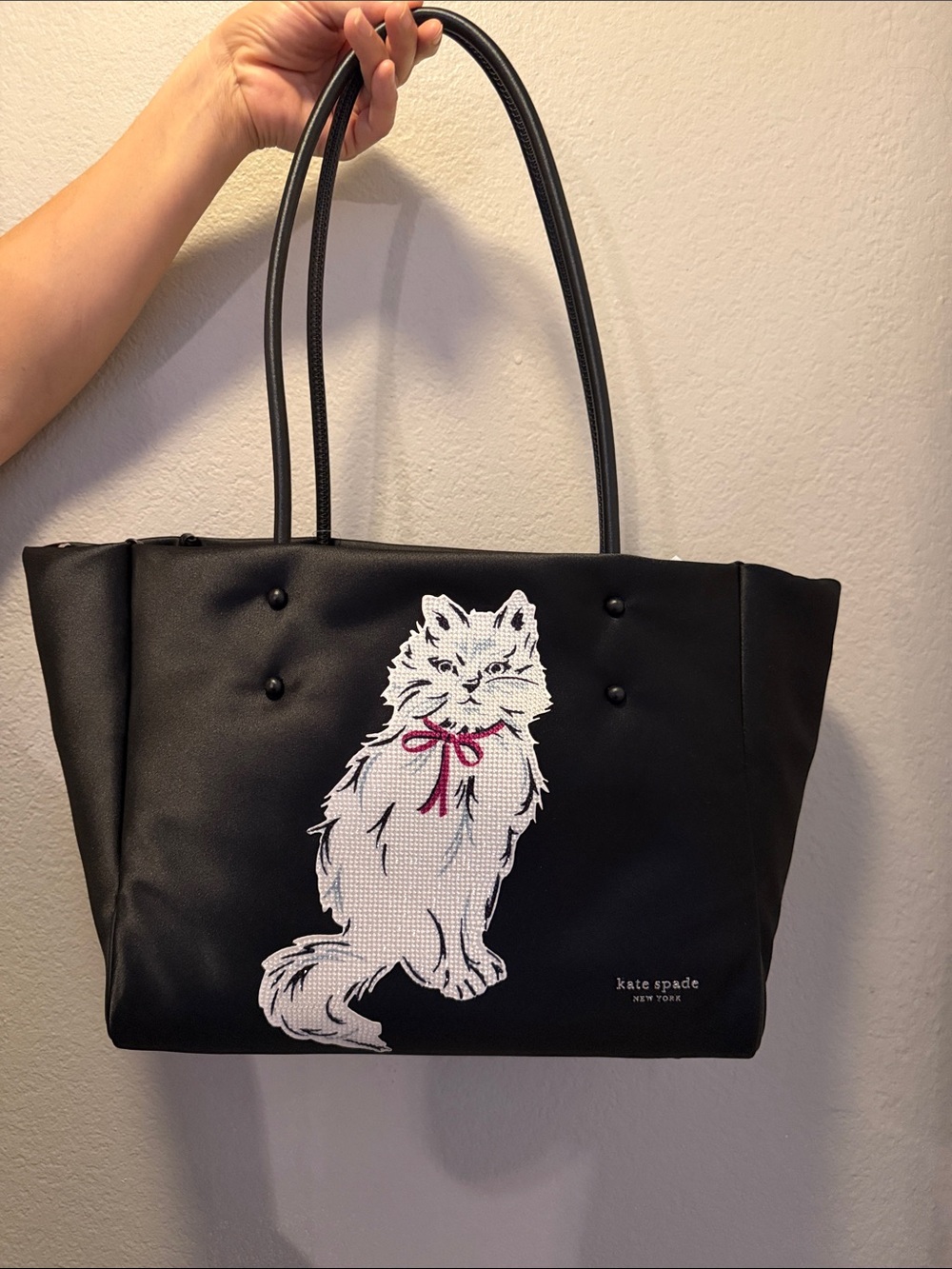 kate spade Black Tote with White Cat and Pink Bow